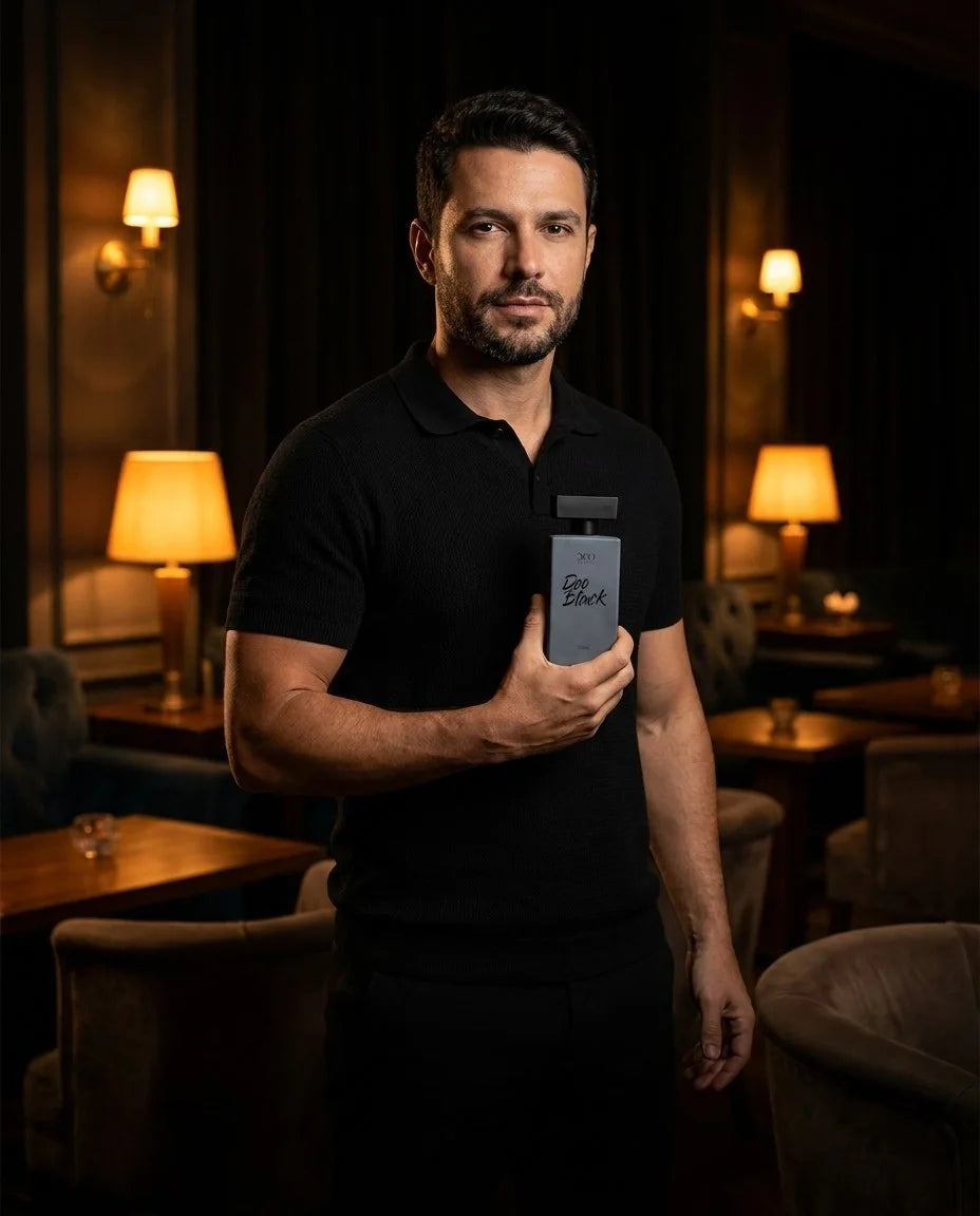Homem segurando o perfume DeoBlack DeoBeauty à noite