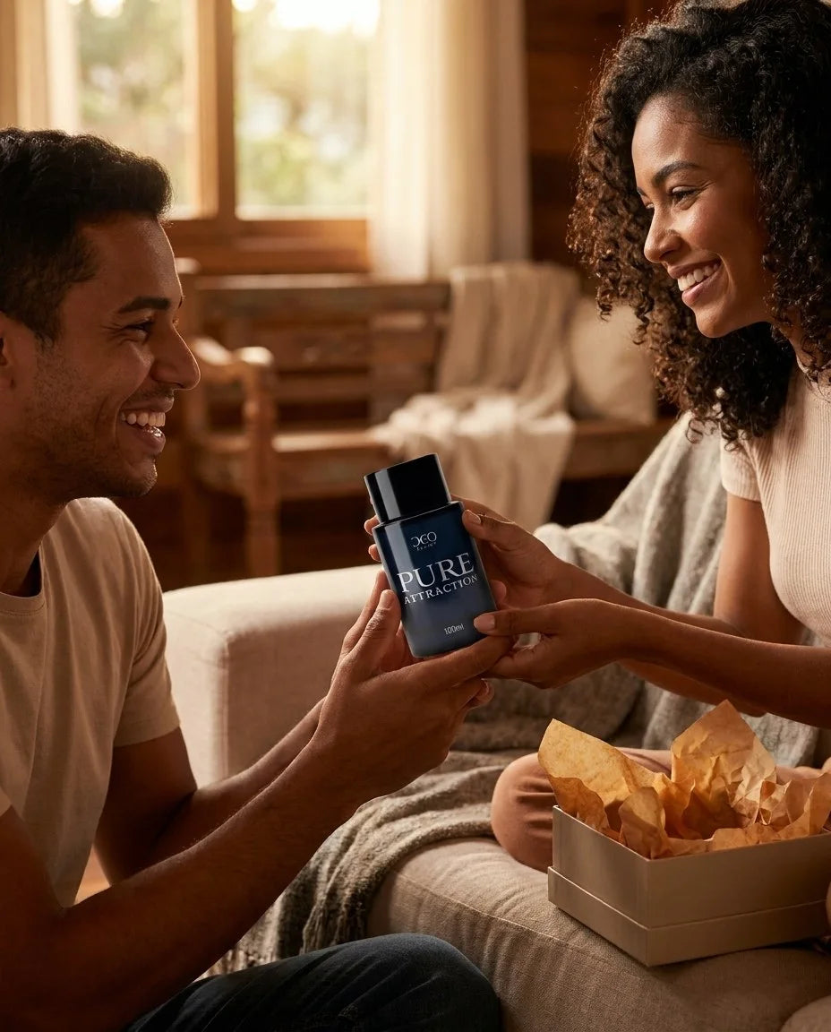 Casal sorrindo enquanto ela entrega o perfume Pure Attraction de presente