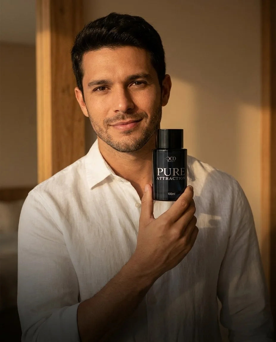 Homem segurando o perfume Pure Attraction DeoBeauty