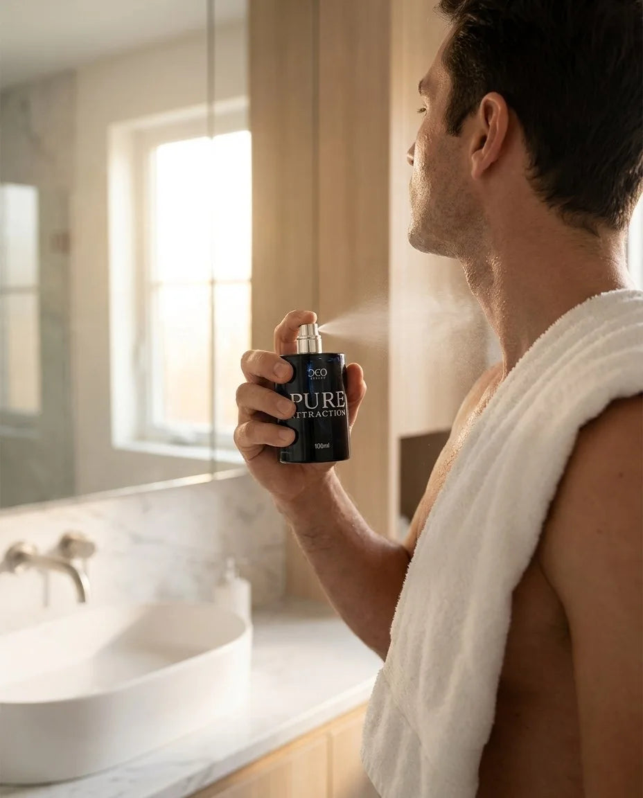 Homem passando o perfume Pure Attraction no pescoço depois de se barbear