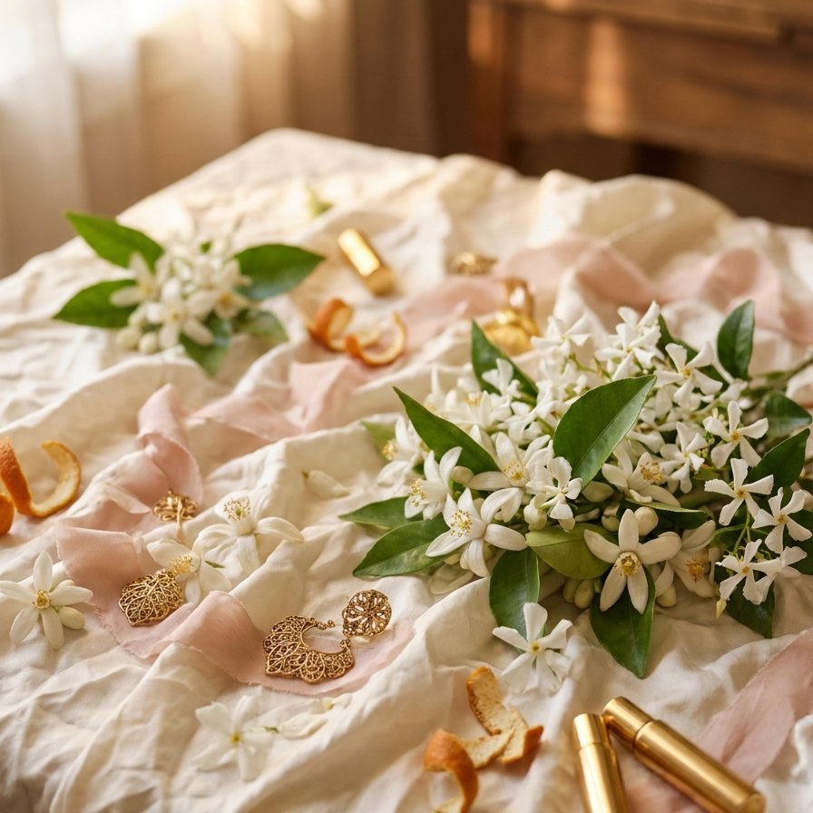 Ilustração de flor de laranjeira e jasmim, coração do Perfume Dynastie