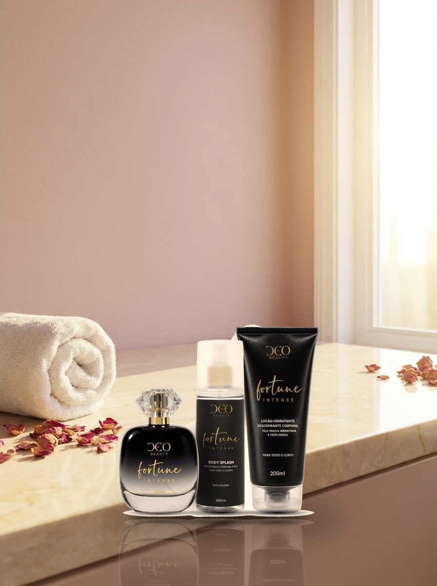 Kit Completo Fortune Intense DeoBeauty, frasco em cena