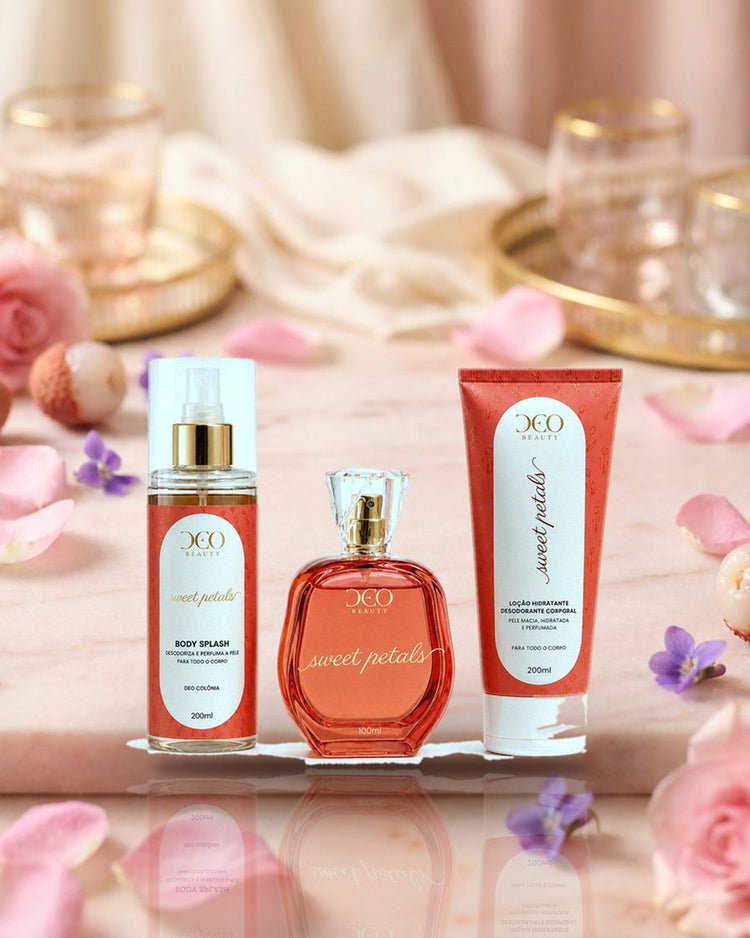 Kit Completo Sweet Petals DeoBeauty, frasco em cena