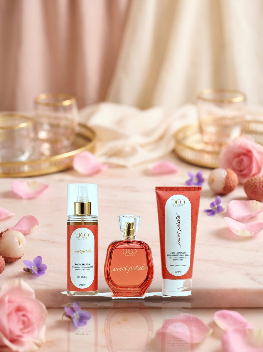 Kit Completo Sweet Petals DeoBeauty, frasco em cena