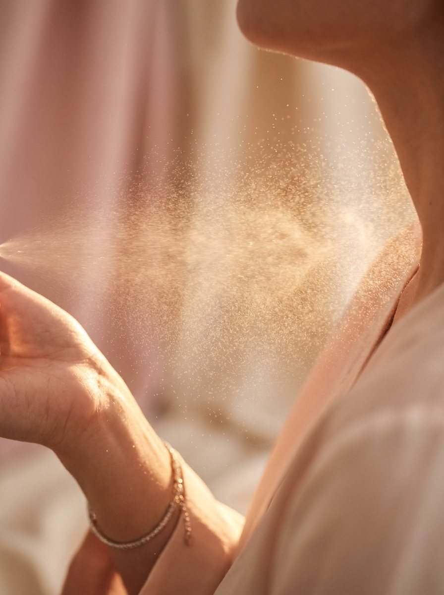 Perfume sendo borrifado na pele, aplicação do Perfume La Mia Passione