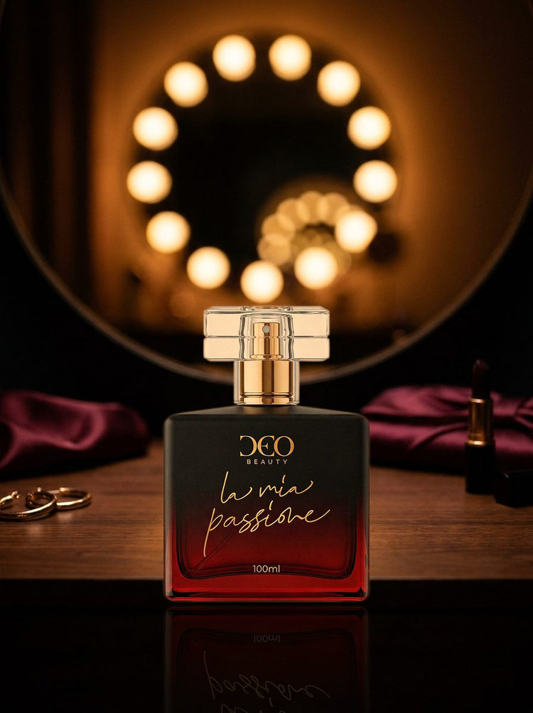 Perfume La Mia Passione DeoBeauty na penteadeira antes da festa